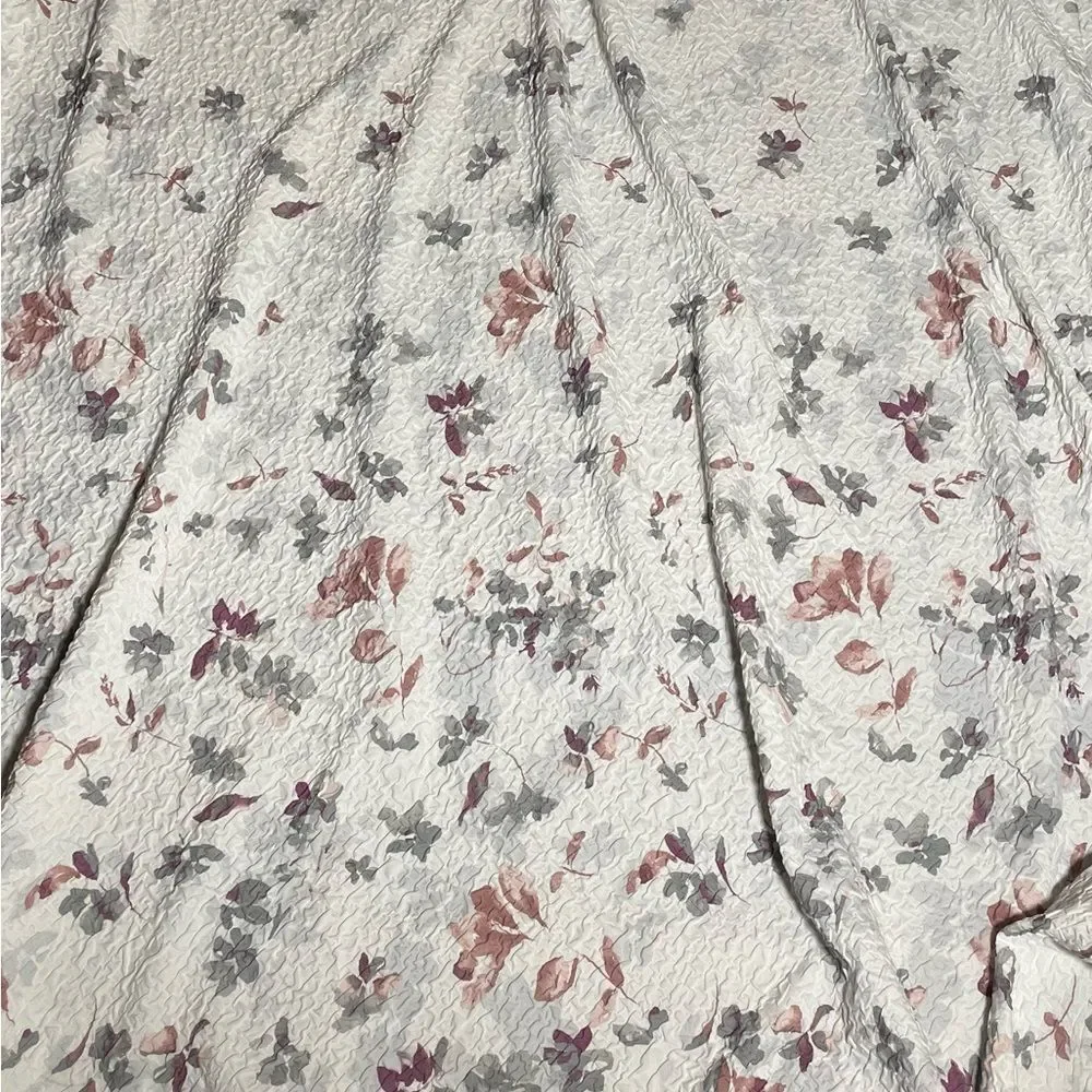 DKNY “Jasper” White Textured Fabric Shower Curtain w/Multicolor Floral Designs